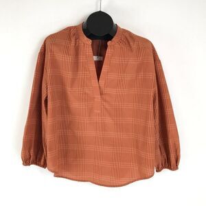 A New Day Balloon Sleeve Popover Blouse Women's XL Orange Plaid Split Neck